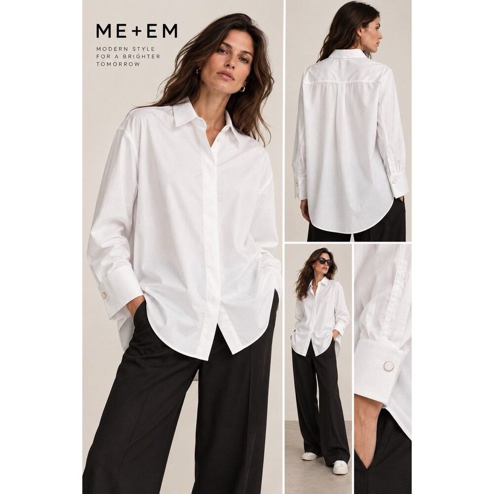 ME+EM White 100% Cotton Button Down Shirt Blouse Gold Accent Wide Cuffs US 10